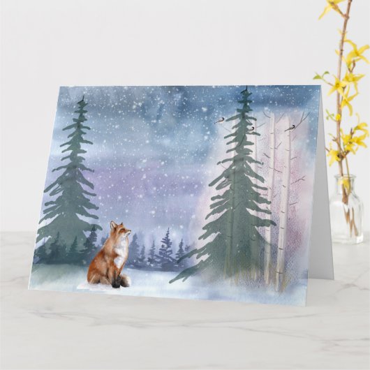 Carte Hiver Bois Snowy Fox & Bird (Fleur jaune)