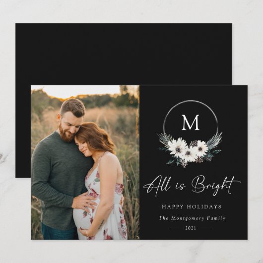 Carte Hiver Floral Monogramme Hoop Wreath Photo (Devant / Derrière)