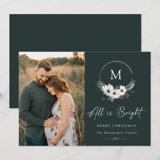 Carte Hiver Floral Monogramme Hoop Wreath Photo (Devant / Derrière)