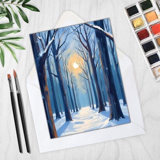 Carte hiver Forêt neige Aquarelle Arbres