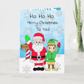 Carte Ho Ho Ho Joyeux Noël Père Noël et Elf (Devant)