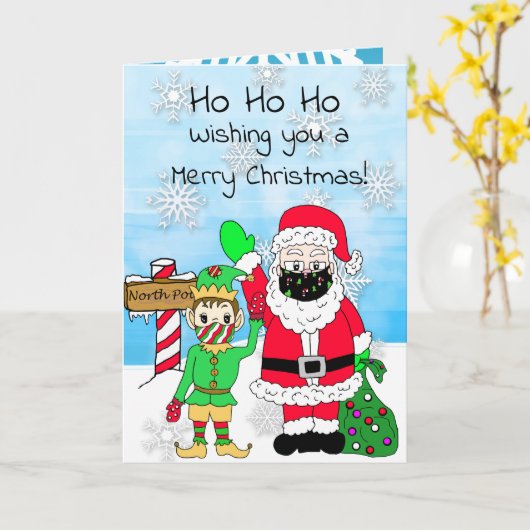 Carte Ho Ho Ho Joyeux Noël Père Noël et Elf en Facemask (Fleur jaune)