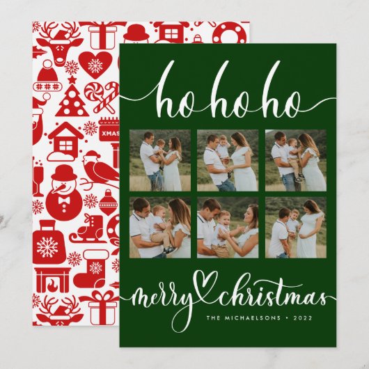 Carte HO HO HO MERRY CHRISTMAS Add Your Photo Collage (Devant / Derrière)