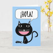 Carte Hola, Hello Card en espagnol, Chat noir avec poiss (Fleur jaune)