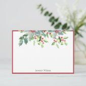 Carte Holiday Green Holly Plante Rouge Note personnalisé (Debout devant)