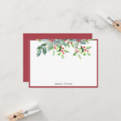 Carte Holiday Green Holly Plante Rouge Note personnalisé (Devant/Arrière en situation)
