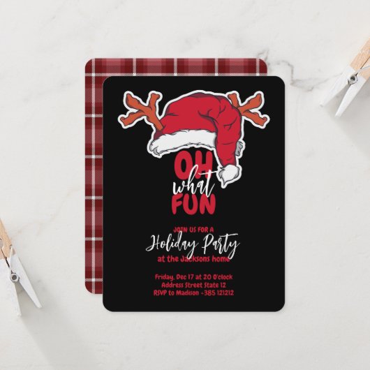 Carte Holiday Party Santa's Hat And Plaid Pattern (Devant/Arrière en situation)