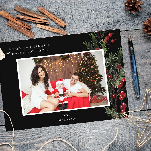 Carte Holly Berry H Photo Holiday ou Christmas - Noir