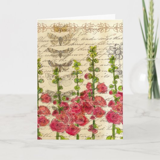 Carte Hollyhock Flowers Papillons Collage d'art Vintage (Devant)