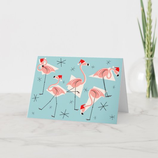 Carte horizontale Flamant rose Santas bleu (Devant)