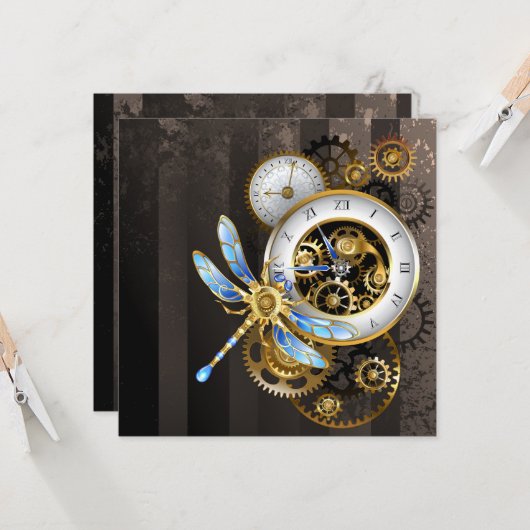 Carte Horloge à vapeur avec libellule mécanique (Devant/Arrière en situation)