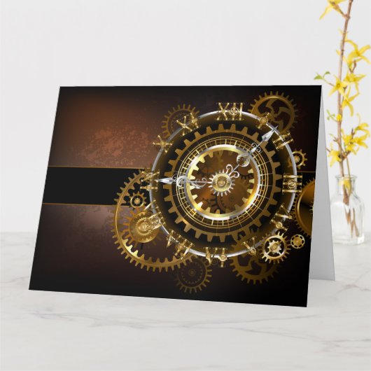 Carte Horloge Steampunk avec des engrenages anciens (Fleur jaune)