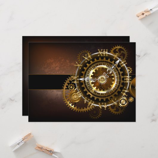 Carte Horloge Steampunk avec des engrenages anciens (Devant/Arrière en situation)