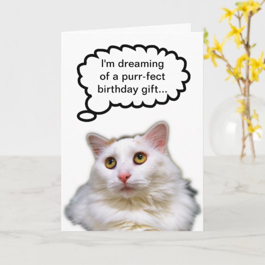 Carte Humour d'anniversaire du chat blanc (Fleur jaune)
