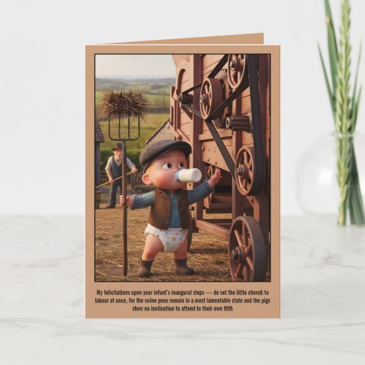 Carte humour noir bébé fait ses premiers pas (Devant)