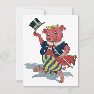 Carte Humour Vintage, joli cochon heureux qui danse