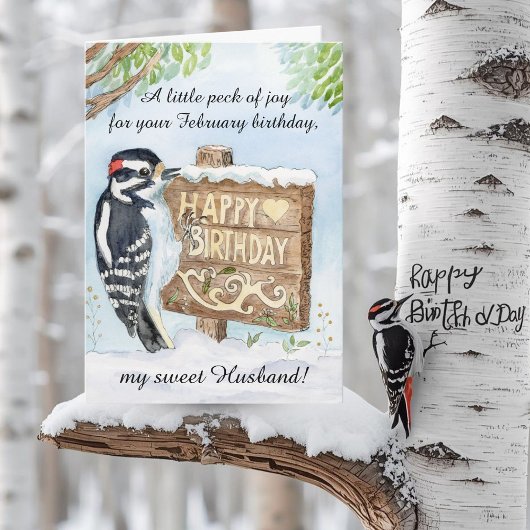 Carte Husband Happy February Birthday Downy Woodpecker