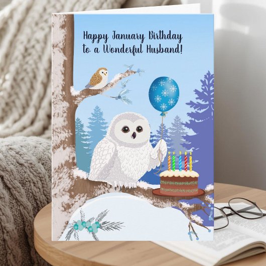 Carte Husband Happy January Birthday Snowy Owl