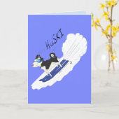 Carte Huski - Funny Huski Dog Ski Greeting Card (Fleur jaune)