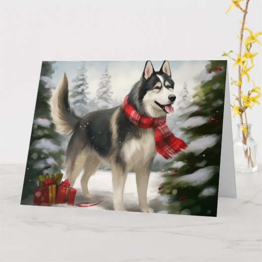 Carte Husky sibérien dans la neige à Noël (Fleur jaune)