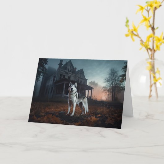 Carte Husky sibérien Halloween Épouvantable (Fleur jaune)