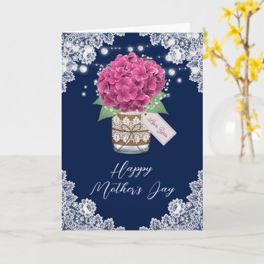 Carte Hydrangea rose Rustique dentelle Bleu Fête des Mèr (Fleur jaune)