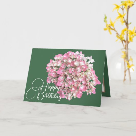 Carte Hydrangée rose/blanc Vert arrière-plan Joyeux anni (Fleur jaune)