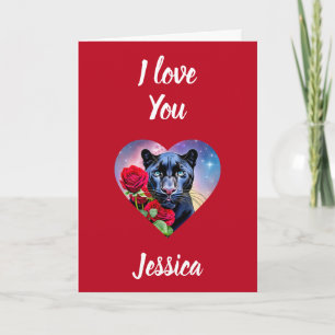 Carte I Love You Nom personnalisé Panther et Roses rouge