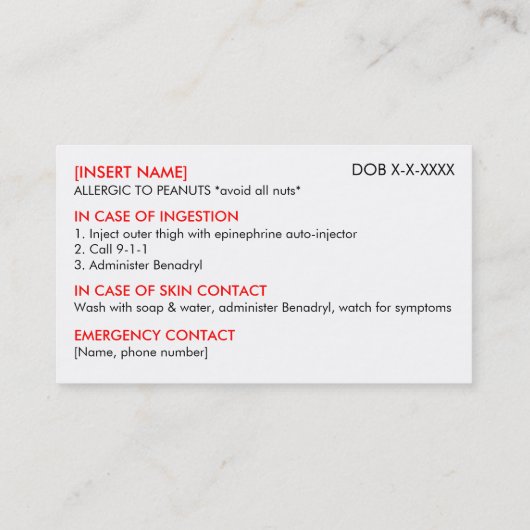 Carte ICE pour le restaurant de l'allergie aux ara (Dos)