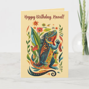 Carte Iguane de fête d'anniversaire en art folklorique m