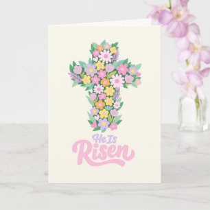 Carte Il est ressuscité Paques Croix florale chrétienne