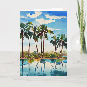 Carte Île tropicale des Caraïbes Palmiers Aquarelle v1