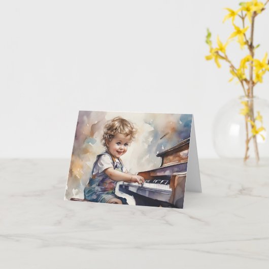 Carte Illustration aquarelle de garçon au piano Vide (Fleur jaune)