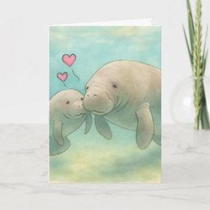 Carte Illustration aquarelle de lamantin mère et bébé –