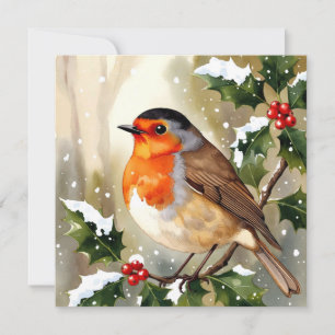 Carte Illustration aquarelle de rouge-gorge de Noël Cozy