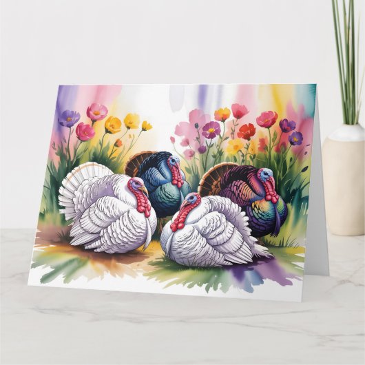Carte Illustration colorée à l'aquarelle de dindons (Devant)