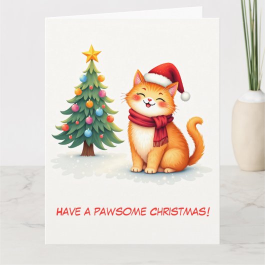 Carte Illustration Cute Orange Chat et Arbre de Noël (Devant)