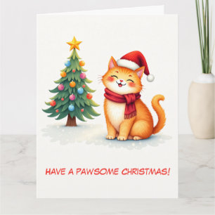Carte Illustration Cute Orange Chat et Arbre de Noël