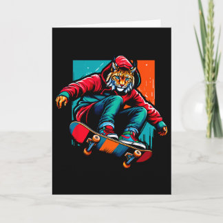 Carte Illustration d'art funky cool de lynx en skateboar