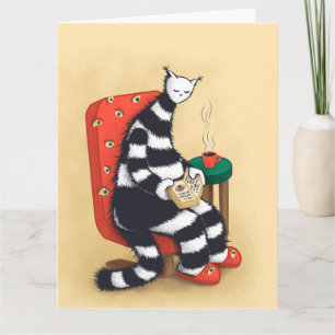 Carte Illustration de chat lisant Ambiance douillette de