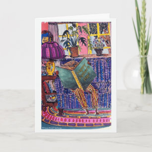Carte Illustration de chat lisant un livre pour la fête