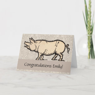 Carte Illustration de cochon antique mignon vintage