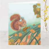 Carte Illustration de Cute Squirrel mangeant une noisett (Fleur jaune)