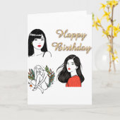 Carte Illustration de fille chic Joyeux Anniversaire Mod (Fleur jaune)