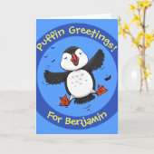 Carte Illustration de la caricature de macareux volant (Fleur jaune)