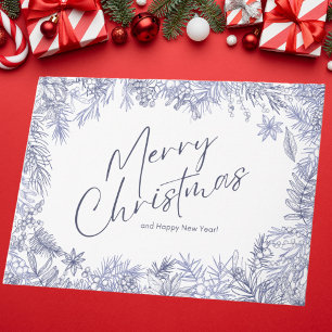 Carte Illustration de Noël Joyeux Bleu Botanique