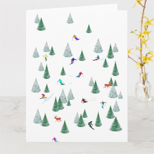 Carte Illustration de skieurs en ski alpin Fête de ski (Fleur jaune)