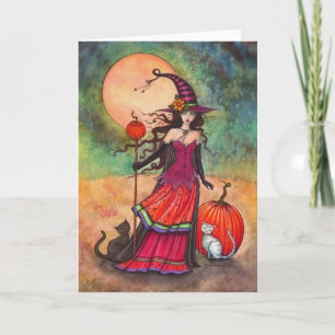 Carte Illustration de sorcière et de chats pour Hallowee