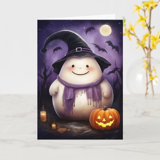 Carte Illustration de sorcière fantôme mignonne Hallowee (Fleur jaune)