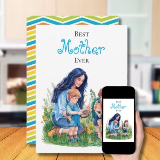 Carte Illustration du jardinage d'aquarelle mère & fils